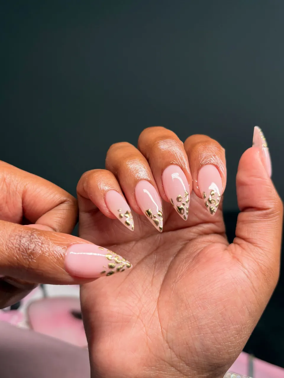 Almond, nude base, gold leopard French