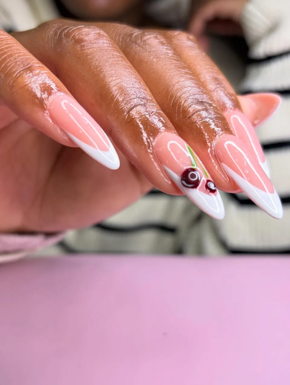 Stiletto, white French, hand-painted cherries