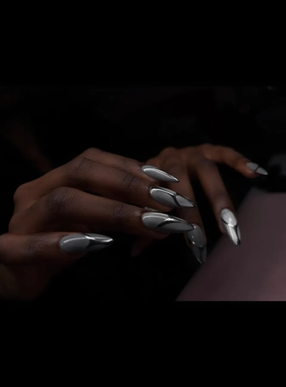 Gel-X long, stiletto, chrome finish