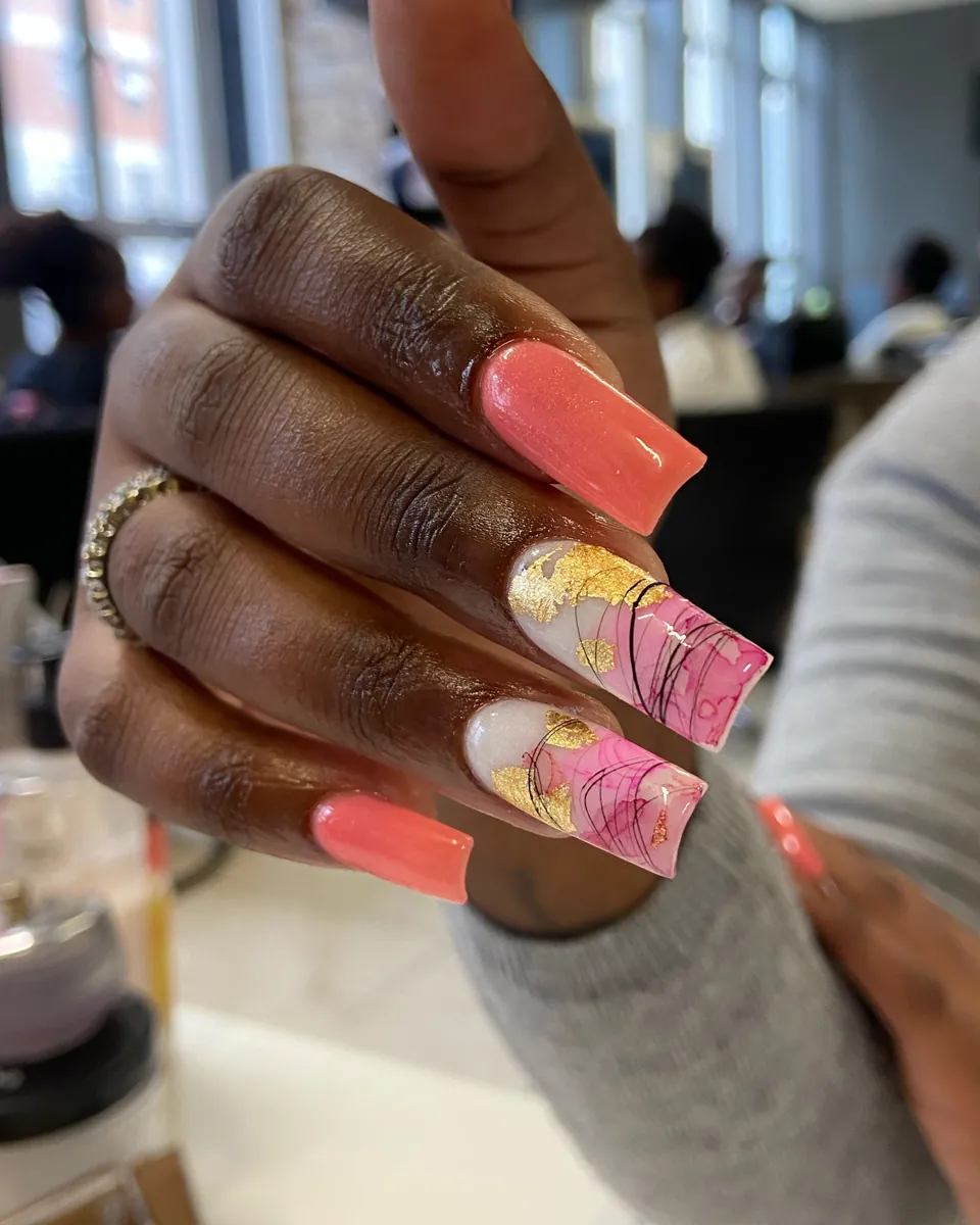 Long square, coral with abstract gold-leaf accents