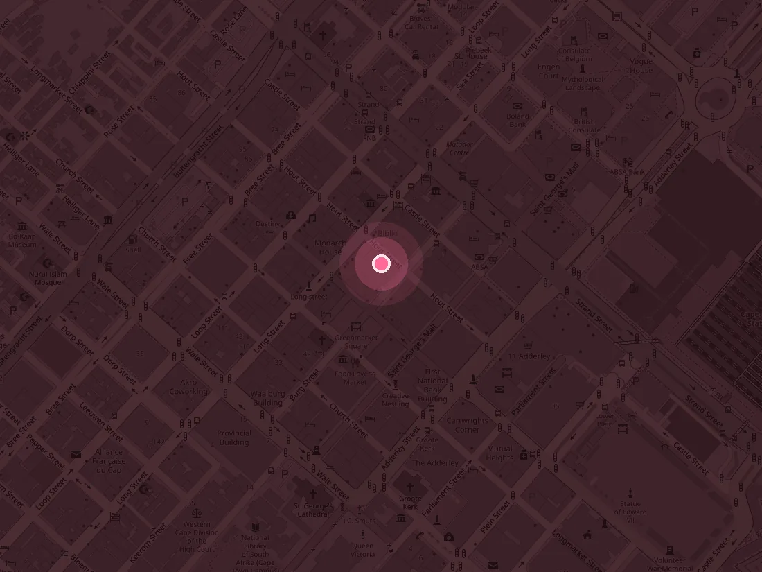 Map of Cape Town CBD with a pink pin on Hout Street, just north of Greenmarket Square