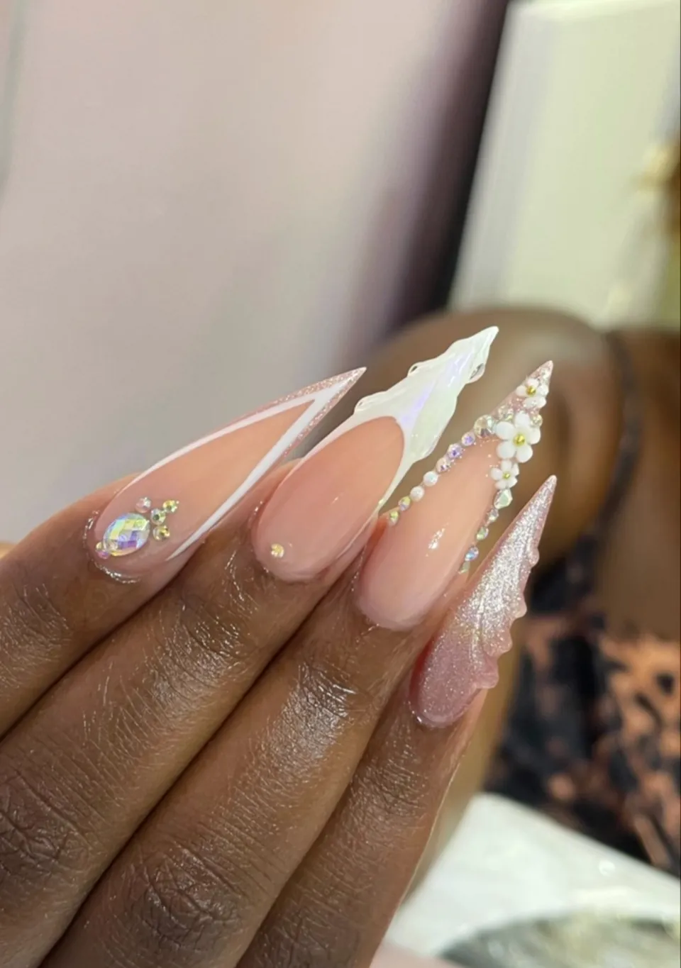 Stiletto, chrome French, crystals and 3D detail