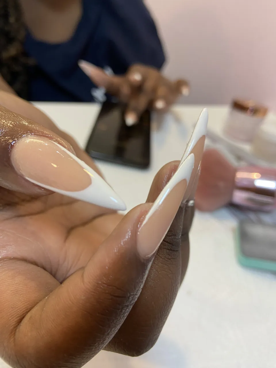 Stiletto, white French, side view